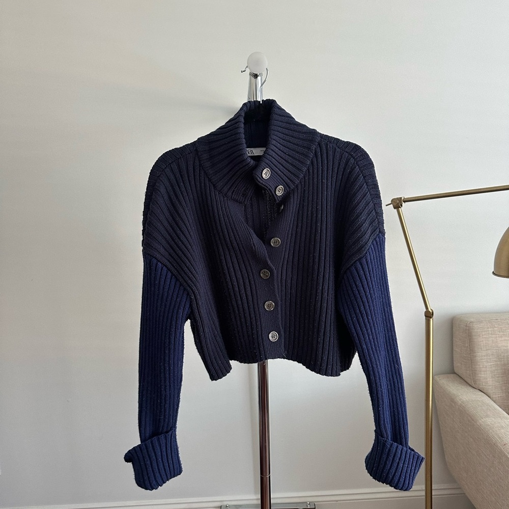 ZARA Navy Blue Button-Up Women's cardigan sweater size M